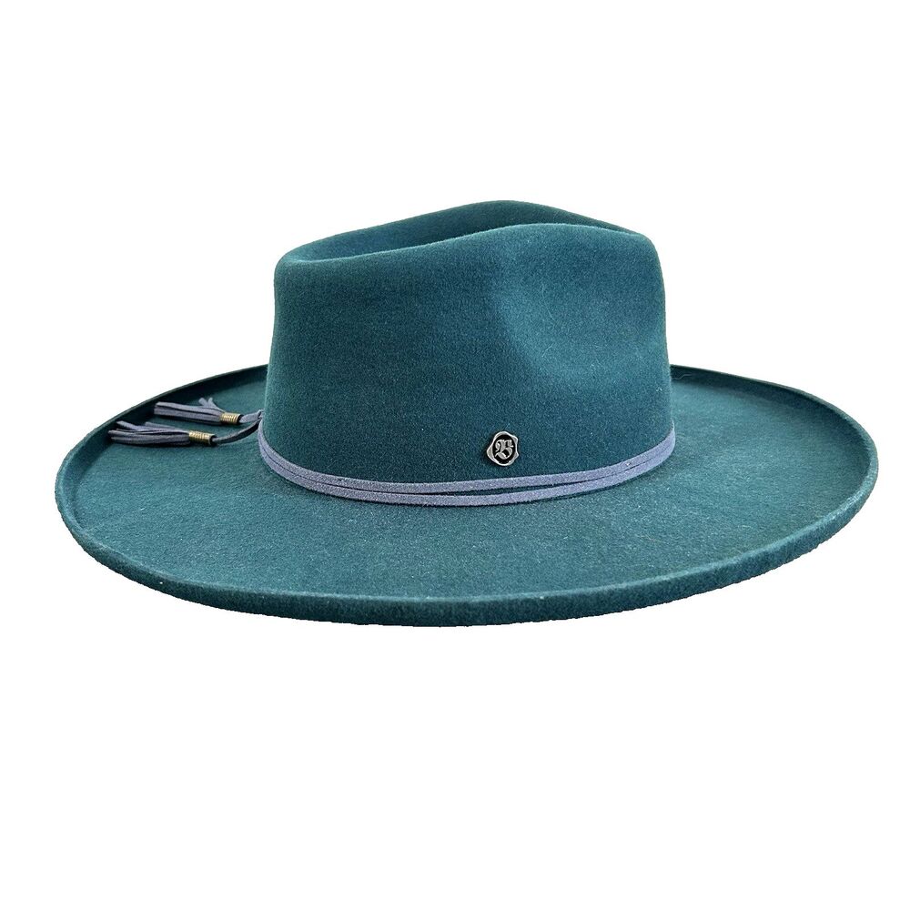 Biltmore Vintage Couture Rebel Heart Teal Wool Felt Flat Brim Fedora Hat 7 1/4